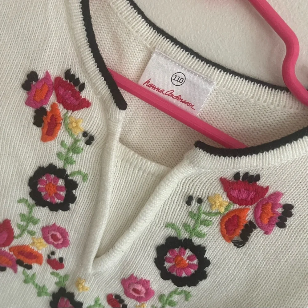 Hanna Andersson Girls Floral Embroidered‎ Knit Sweater Ivory Cream Size 110 5 6